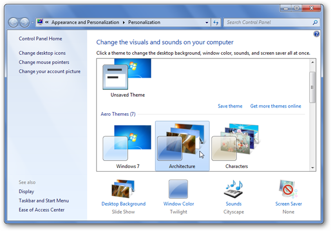 Окно персонализации Windows 7