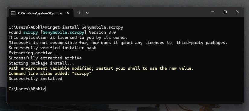 Установка scrcpy с помощью winget в Windows
