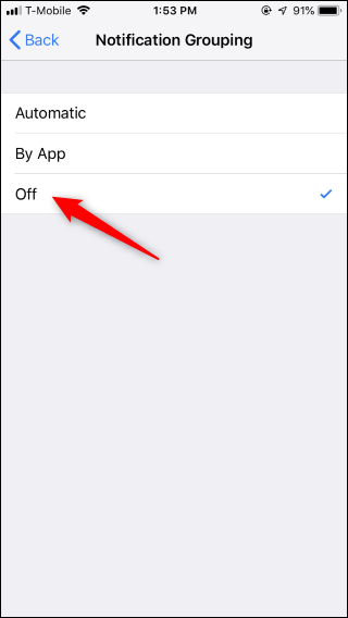 Экран с несколькими стеками уведомлений, иллюстрация работы Автоматически/По приложению/Отключено
