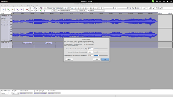 Настройка поиска тишины в Audacity