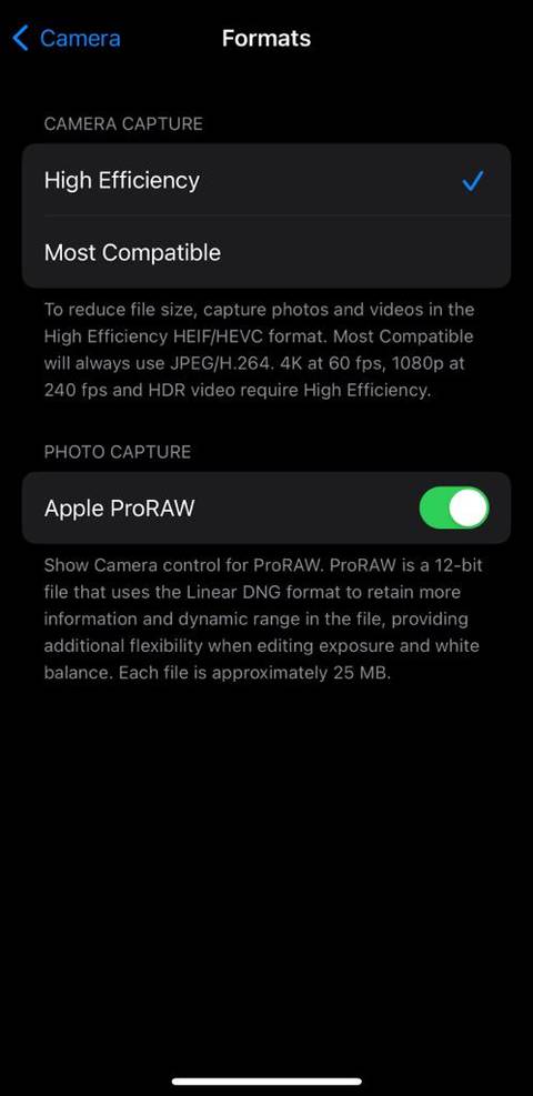 Включение Apple ProRAW на iPhone