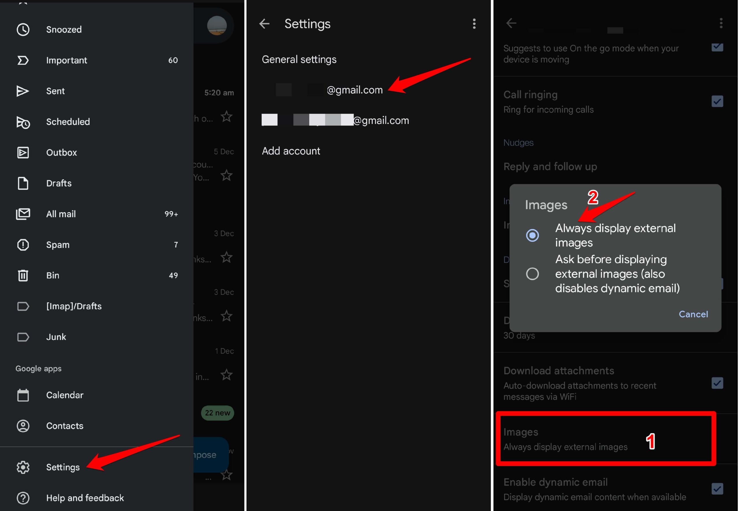 Параметр «Всегда отображать внешние изображения» в мобильном приложении Gmail