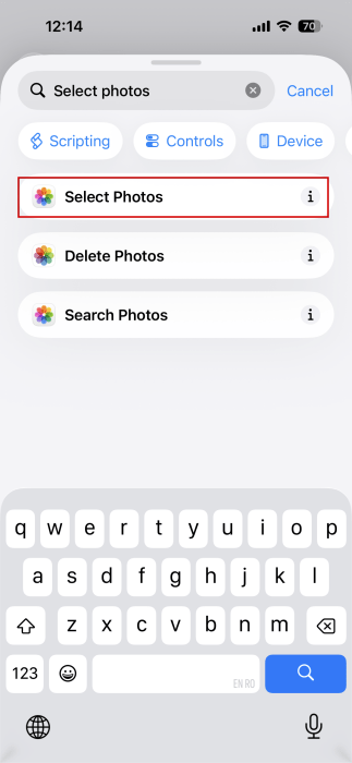 Фото: Добавление действия «Select Photos» в Shortcuts на iPhone.