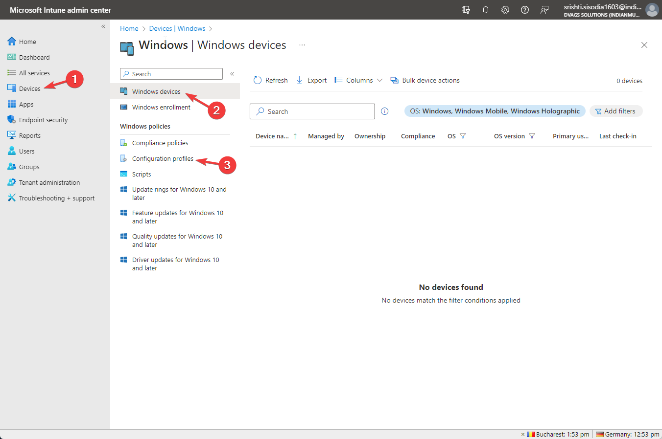 Devices, then select Windows, and click Configuration profiles.