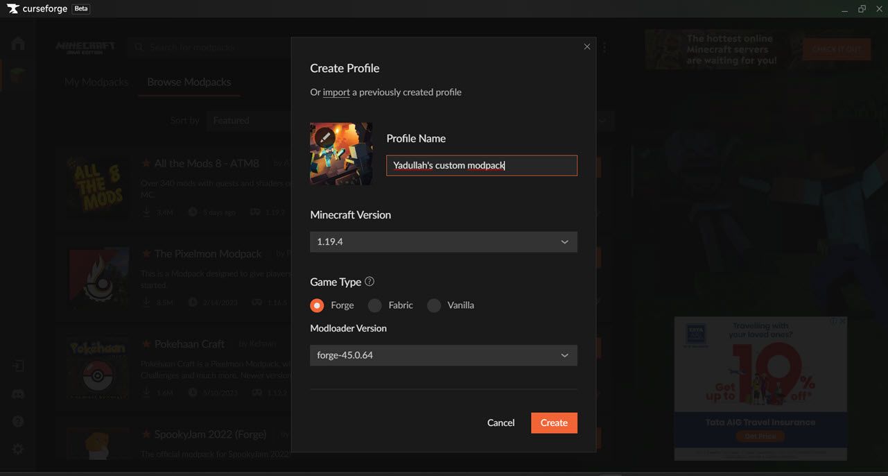 Создание пользовательского мод‑пака в CurseForge