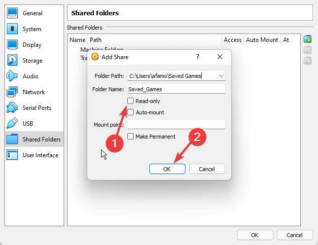 Параметры общей папки: только чтение и подтверждение