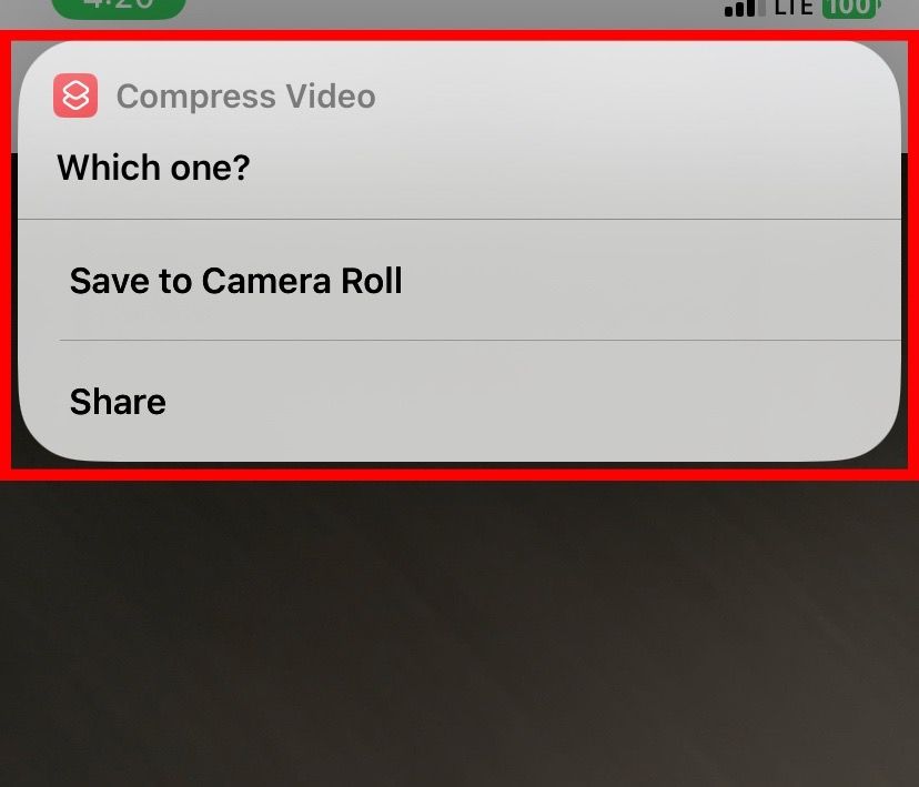 Параметры сохранения и обмена после сжатия в Shortcuts.