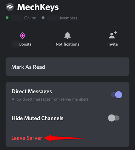 Выберите «Leave Server» в меню сервера Discord на мобильном устройстве.