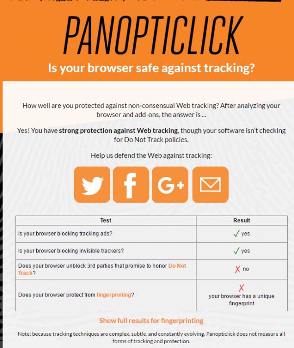 Проверка устойчивости браузера к отпечаткам с помощью Panopticlick