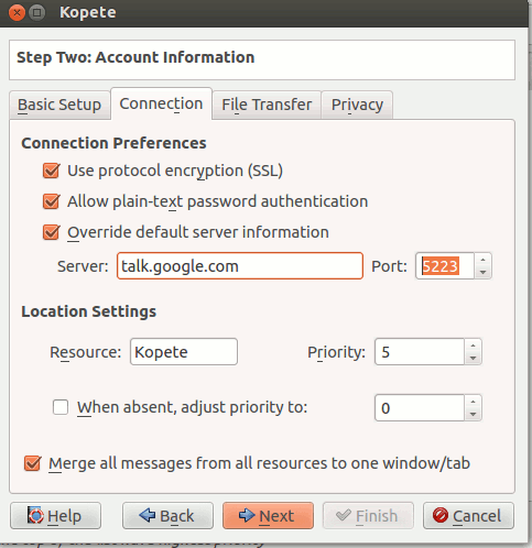 Окно Kopete — вкладка подключения с сервером talk.google.com