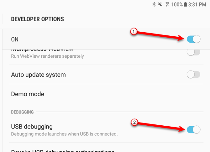 Скриншот экрана Android с включением USB‑отладки и параметров разработчика
