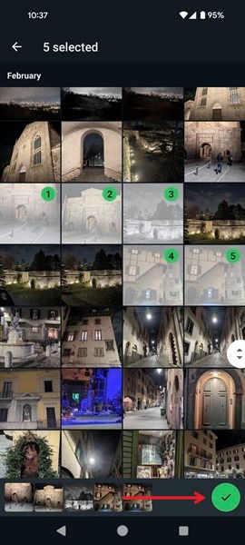 Выбор изображений в Галерее для отправки в WhatsApp на Android.