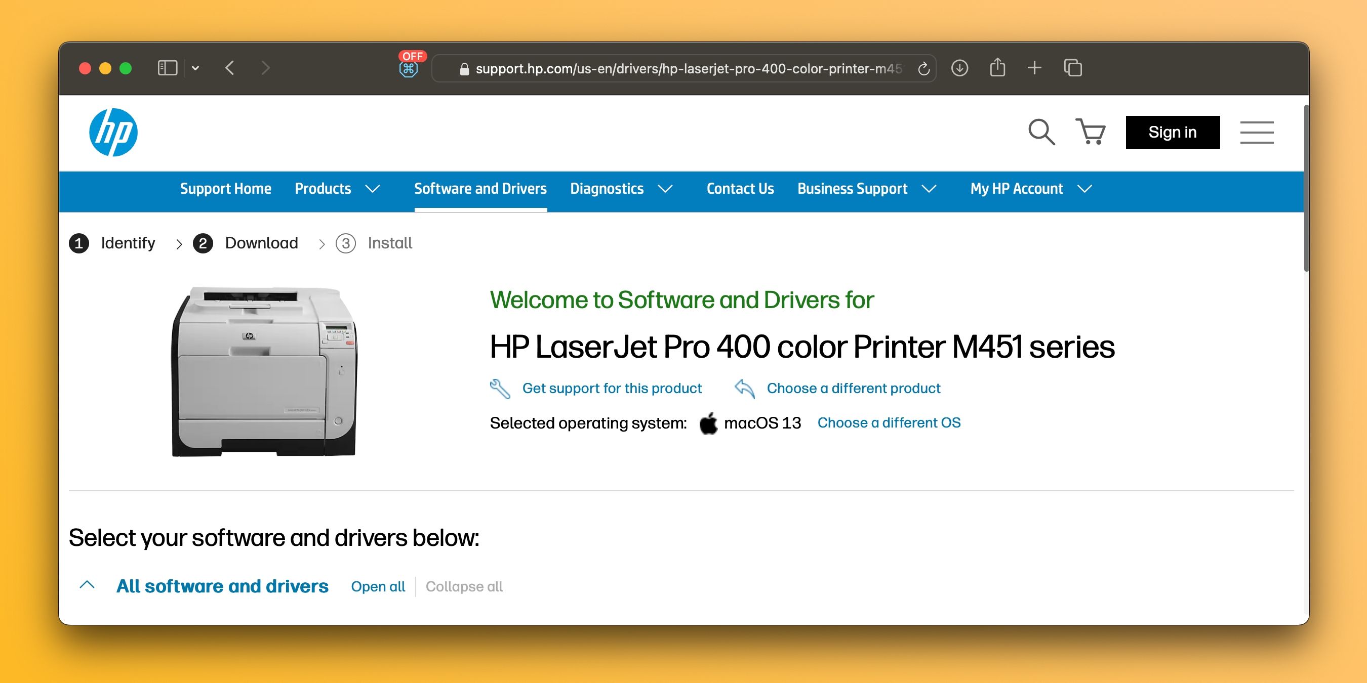 Страница загрузки драйвера принтера HP в Safari