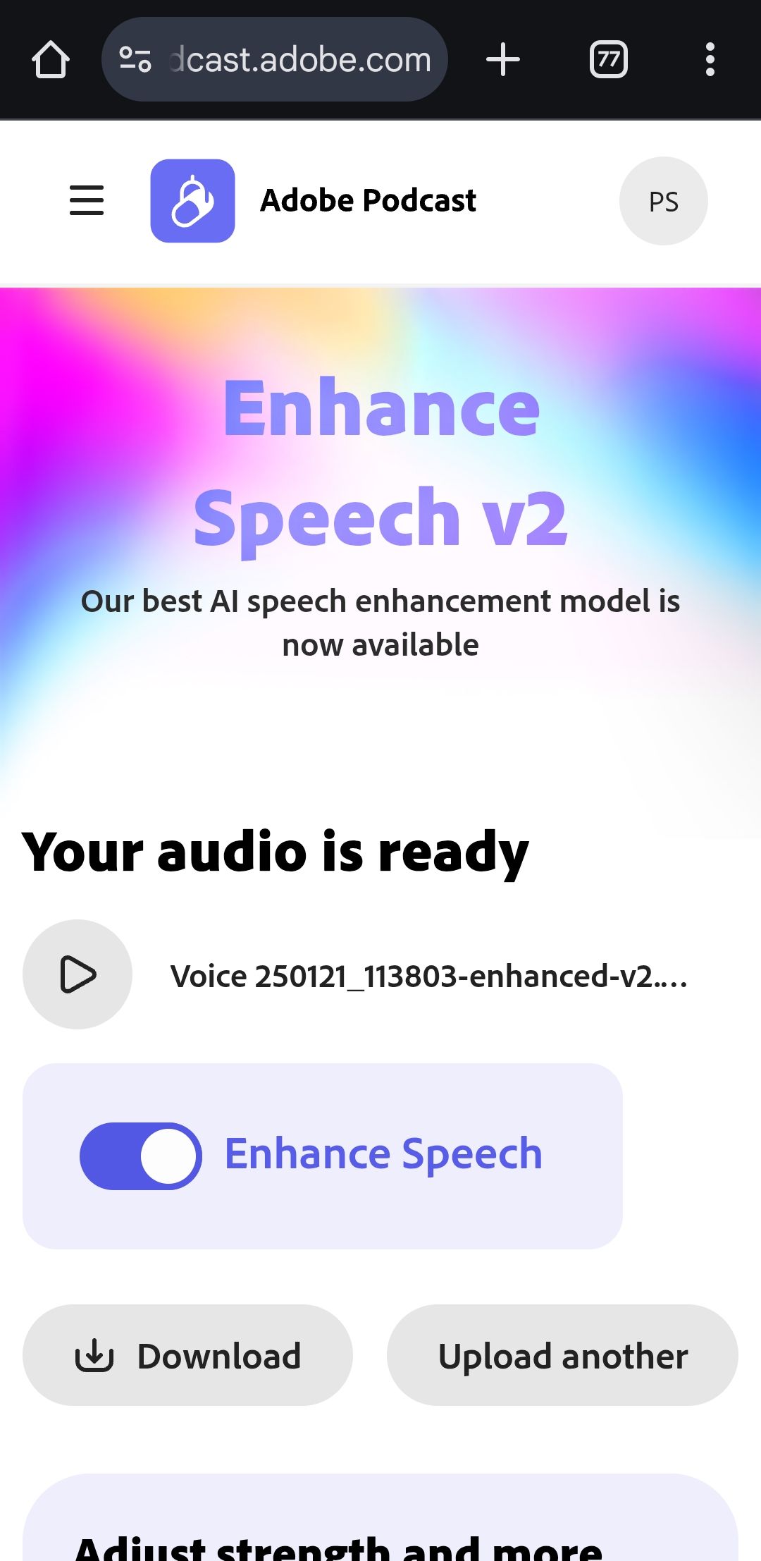 Интерфейс Adobe Enhance Speech с загруженным файлом и опцией скачивания в Chrome на Android