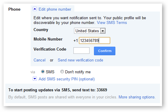 Подтверждение номера телефона для Google+ — ввод verification-кода