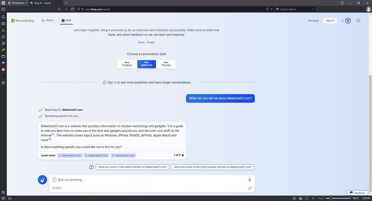 Bing Chat в Vivaldi