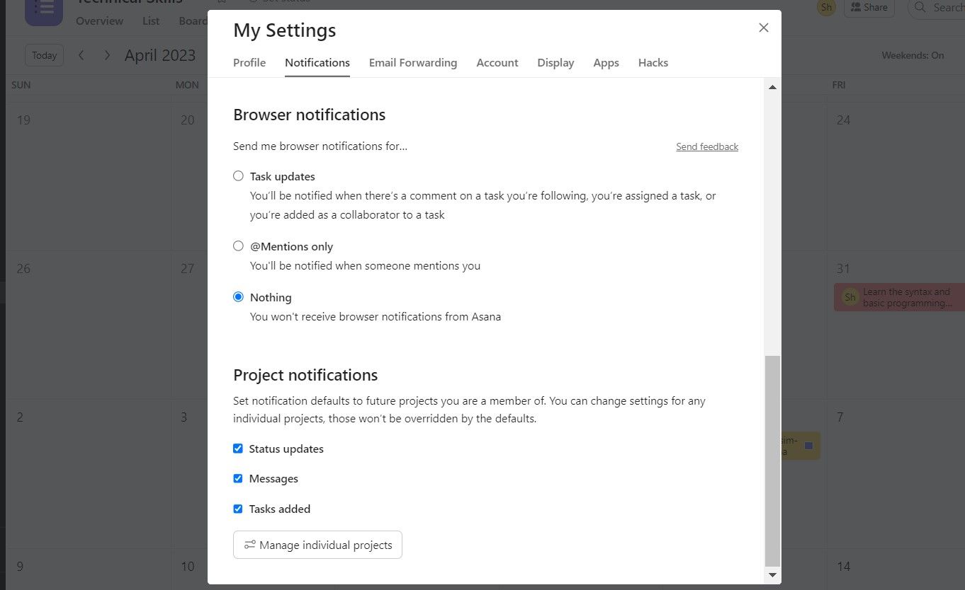 Настройки уведомлений в Asana