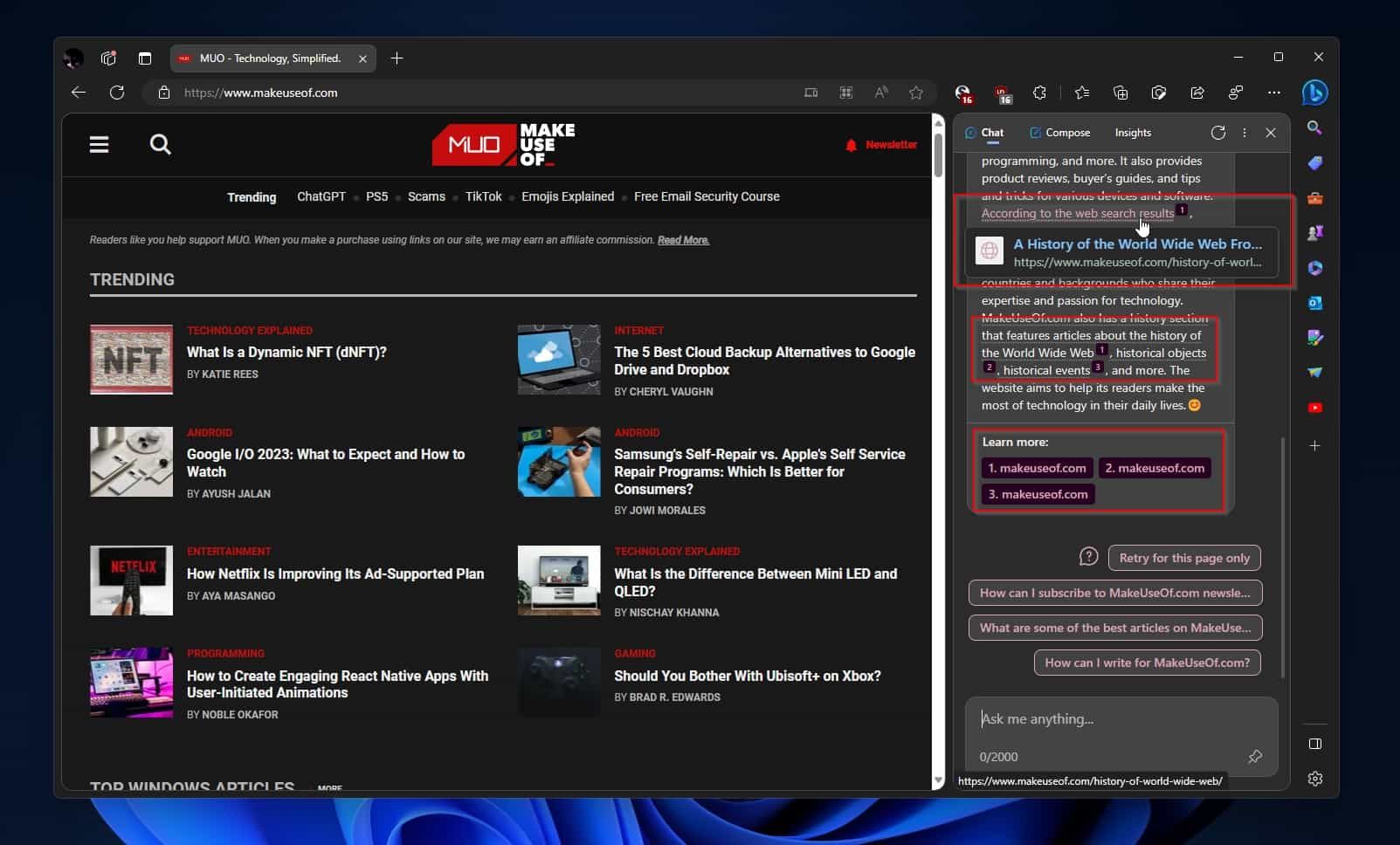 Bing Sidebar показывает источники информации и ссылки для проверки