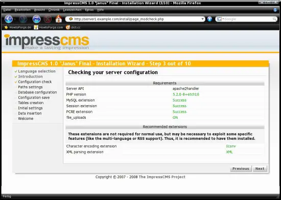 Capture: résultat de la vérification de la configuration serveur