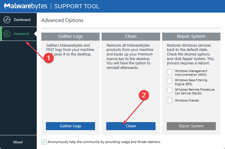 Malwarebytes Support Tool — кнопка Clean в разделе Advanced