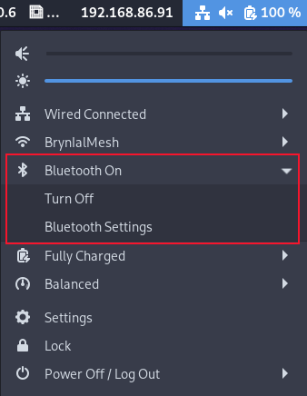 Системное меню с пунктом Bluetooth