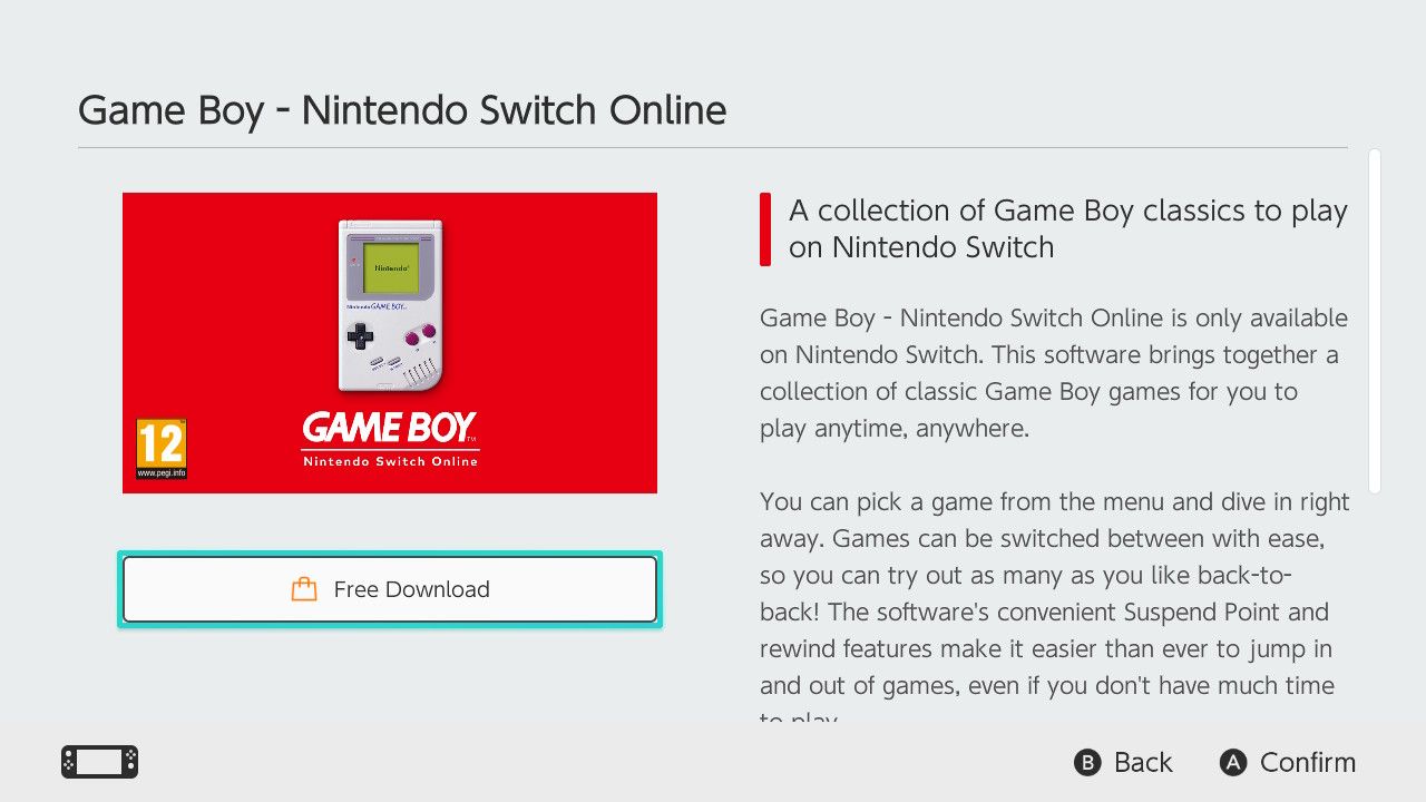 Скриншот страницы Game Boy в Nintendo Switch Online с выделенной кнопкой Free Download