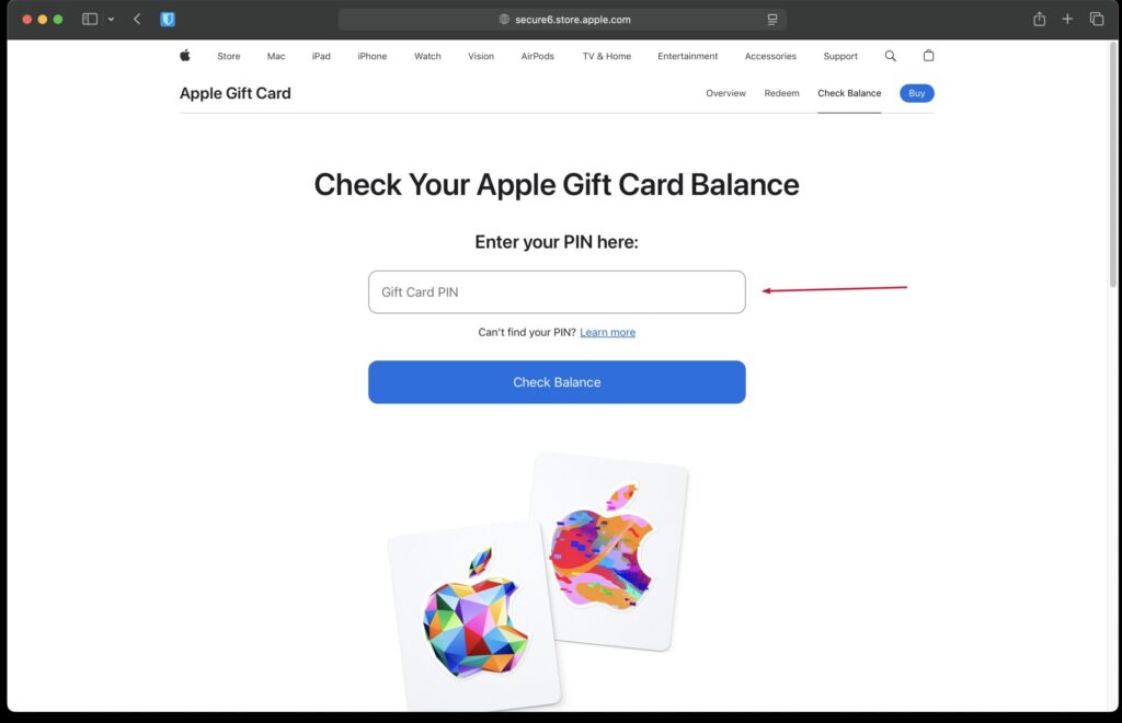 Показ баланса после ввода PIN на сайте Apple
