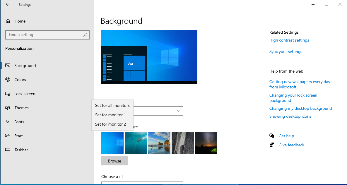 Параметры Персонализации в Windows 11 с опциями для рабочего стола 1 и 2
