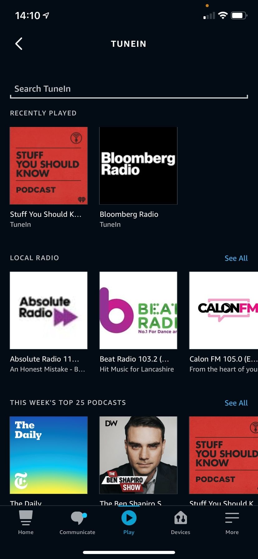 Главная страница TuneIn в Alexa