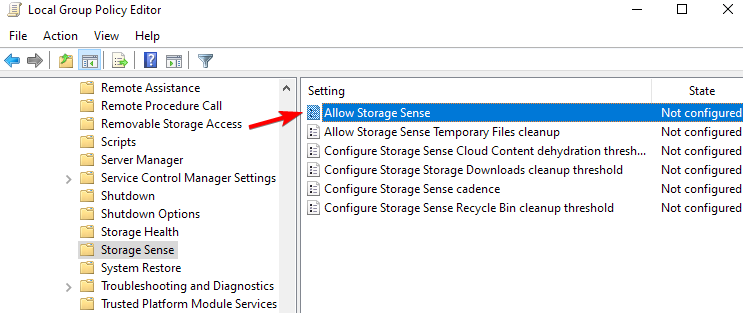 Параметр Allow Storage Sense в редакторе групповой политики