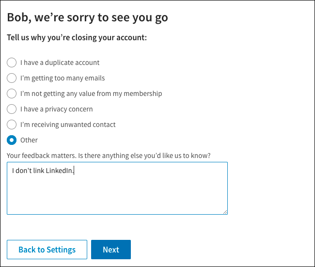 Выбор причины закрытия аккаунта LinkedIn — скриншот формы