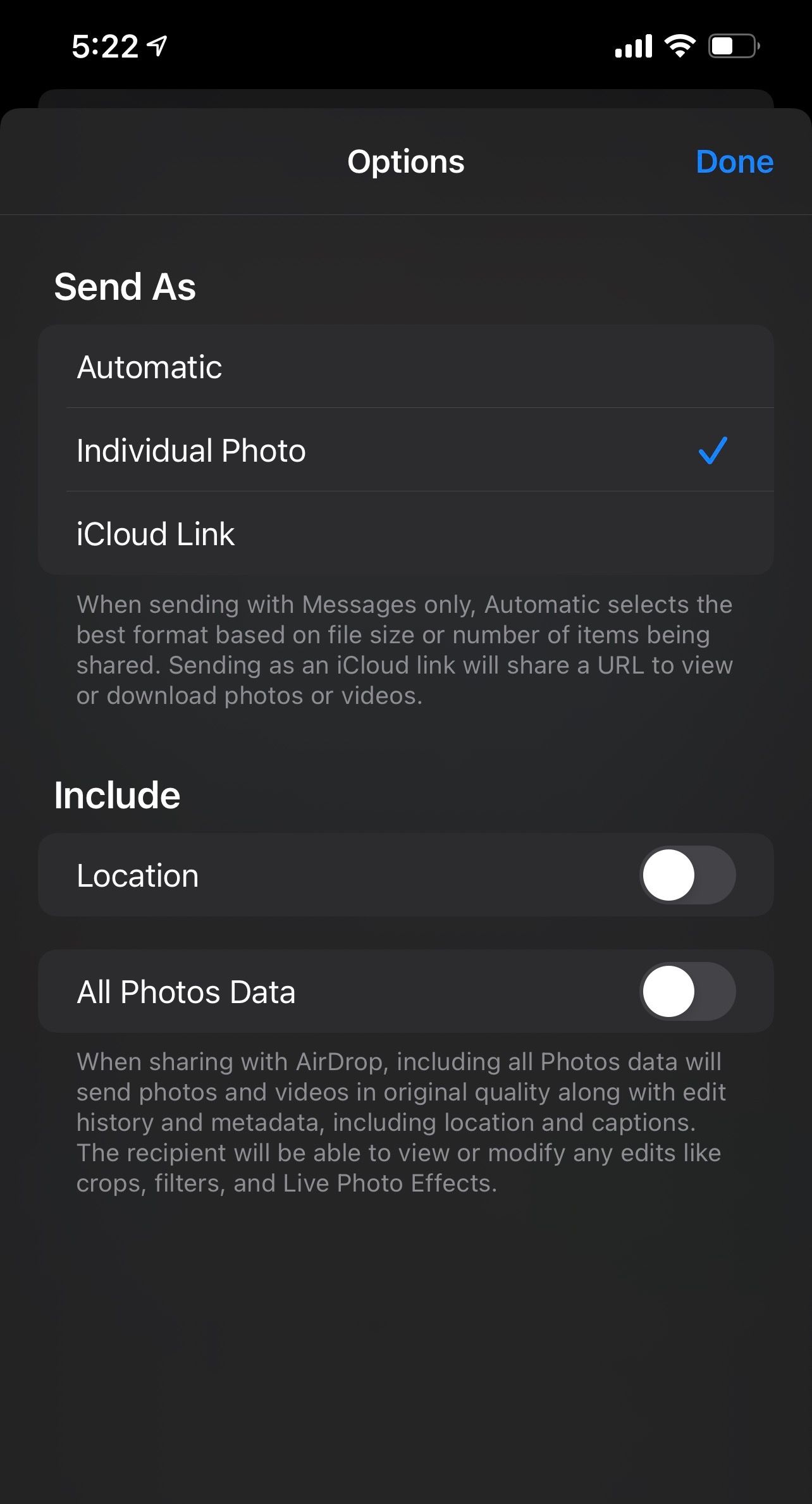 Отправка отдельных фото с выключенным Местоположением.