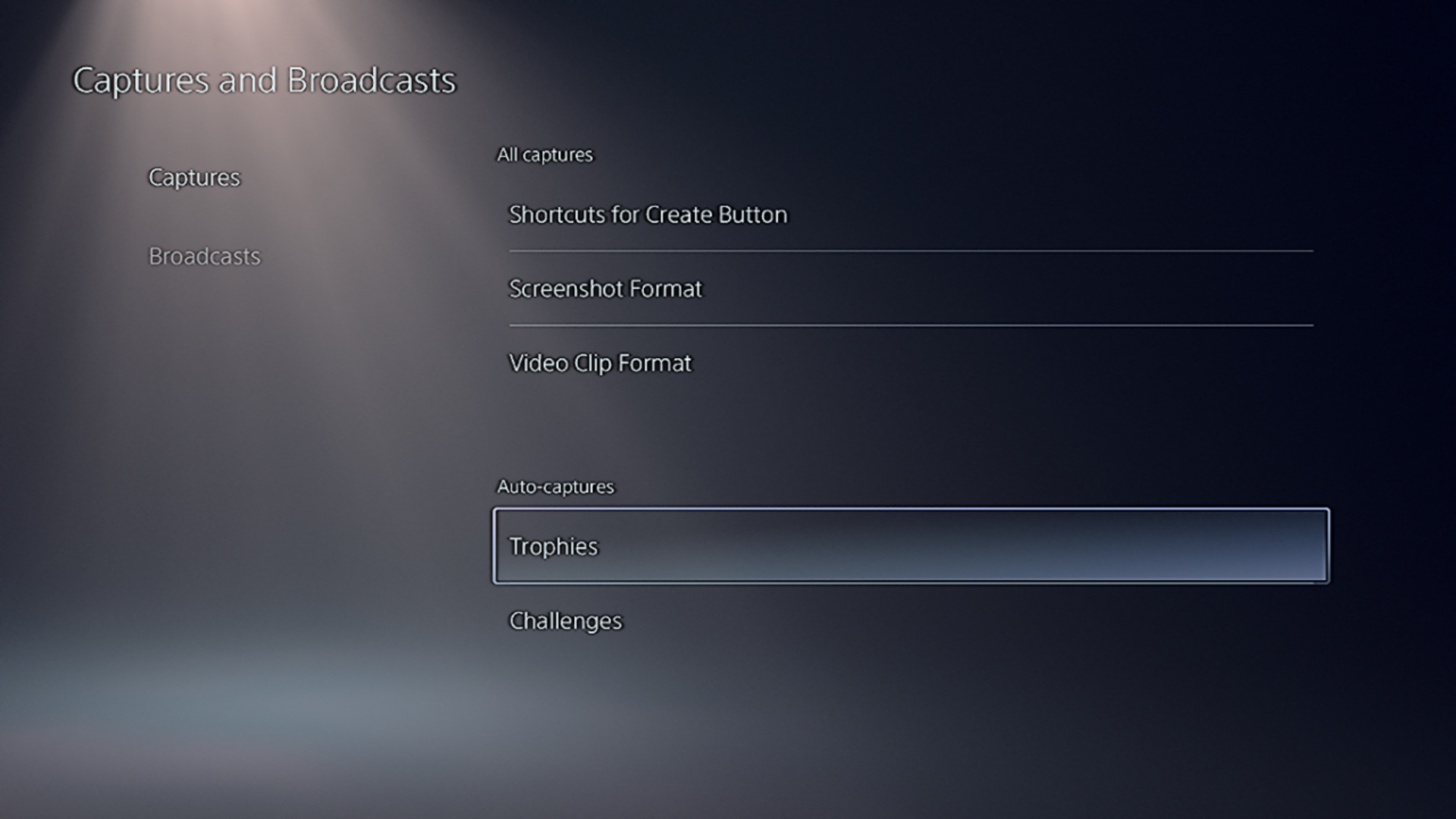Экран «Захваты и трансляции» в настройках PS5.