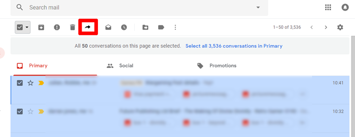 Выделение нескольких писем и меню действий в Gmail