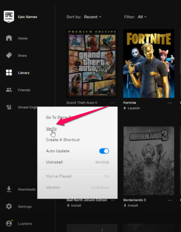 Verificar integridad de archivos en Epic Games Launcher