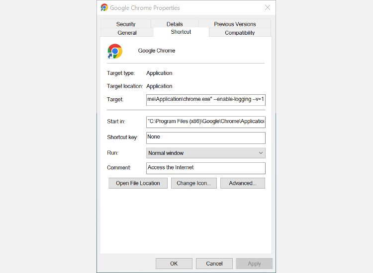 The Google Chrome properties pane