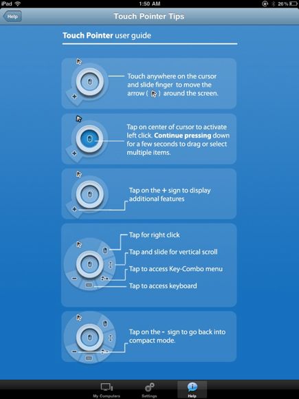 Палец указывает на элементы рабочего стола в PocketCloud