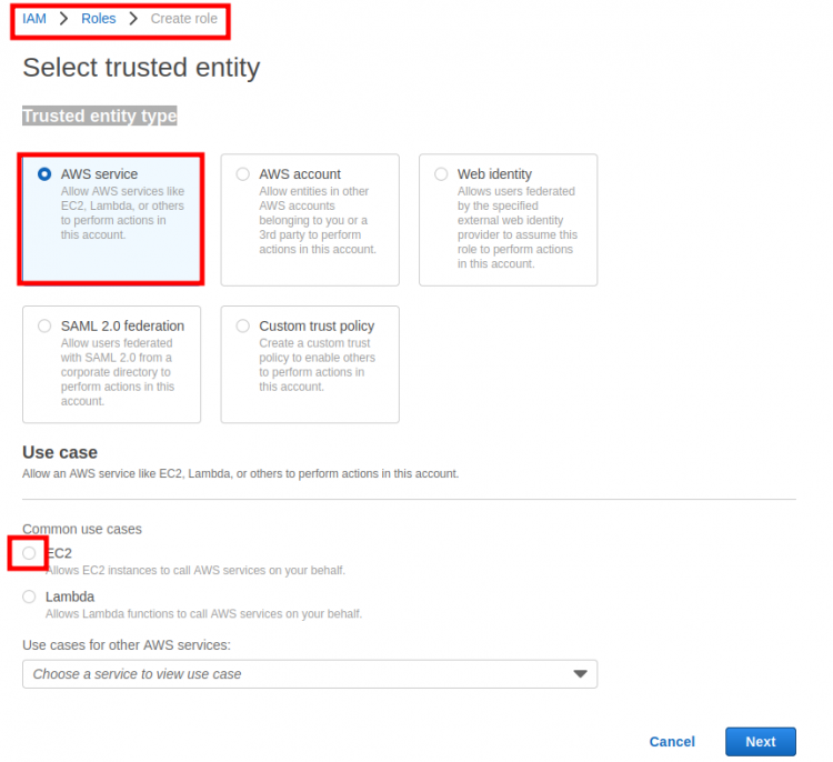 Выбор доверенного сущности: AWS service EC2
