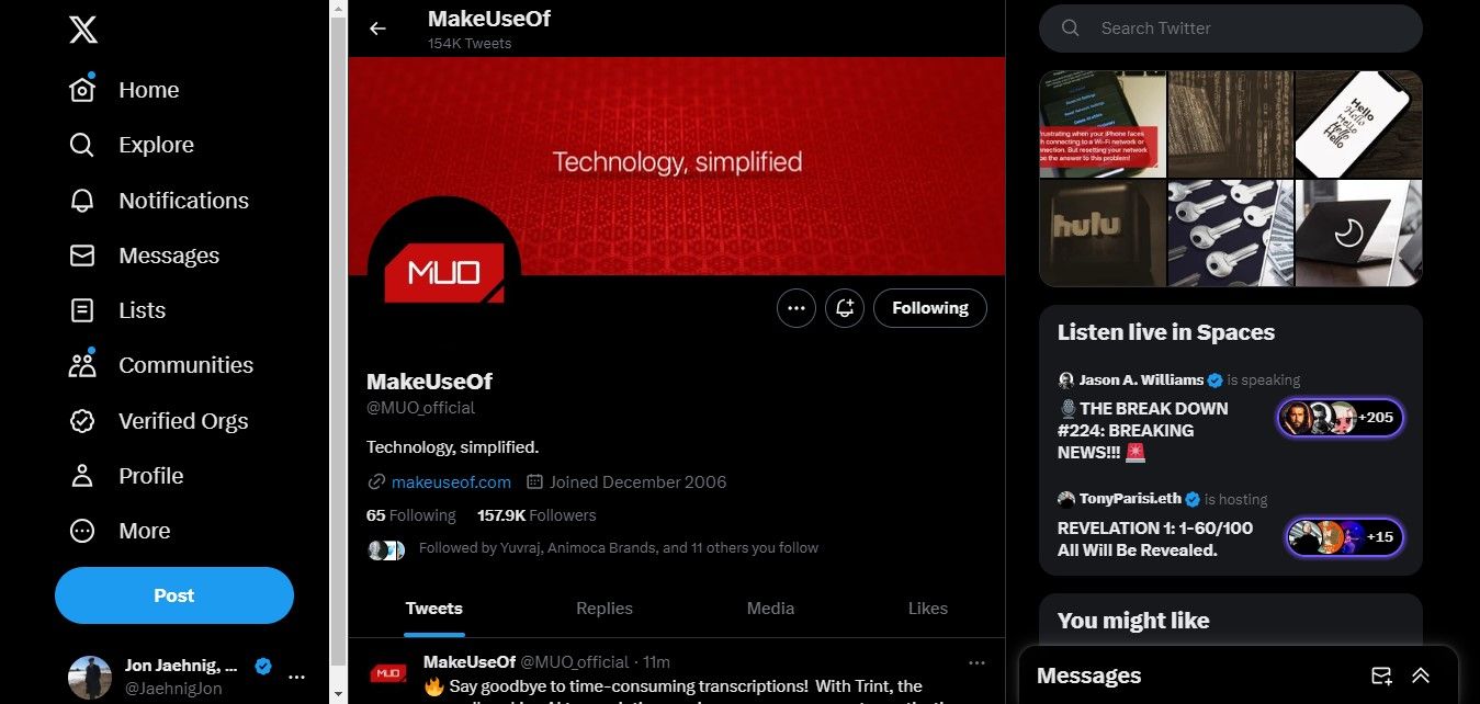 Страница MUO в Twitter не подтверждена значком