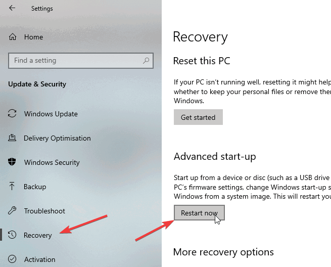 Кнопка Перезагрузить сейчас в дополнительных параметрах запуска Windows