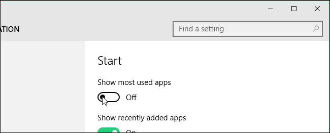 Состояние опции Показывать часто используемые приложения — Выключено
