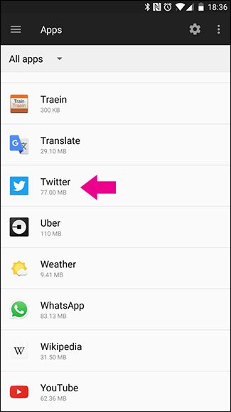 Список приложений Android с выделенным Twitter