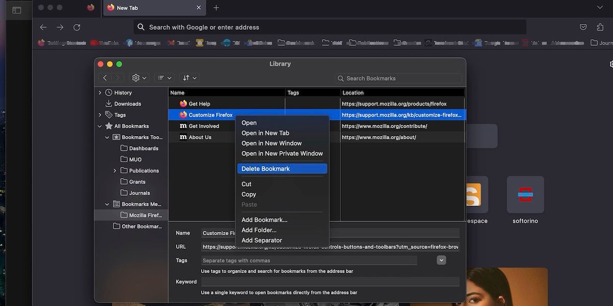 Окно менеджера закладок Mozilla Firefox