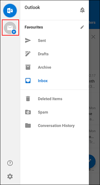 В приложении Outlook нажмите меню и кнопку добавления аккаунта