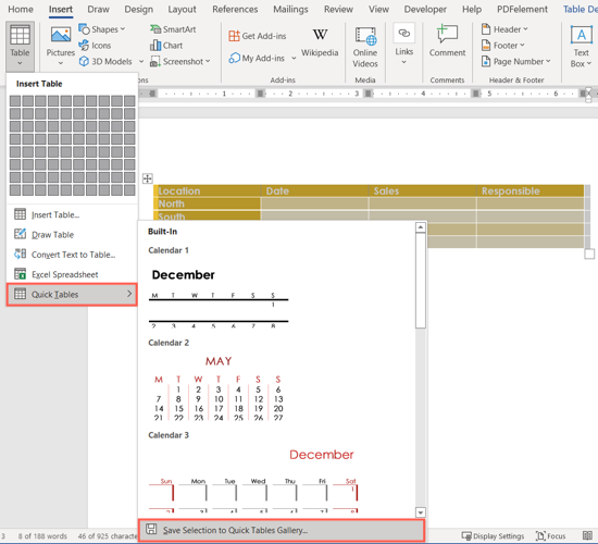 Save to Gallery option in the Insert Table menu
