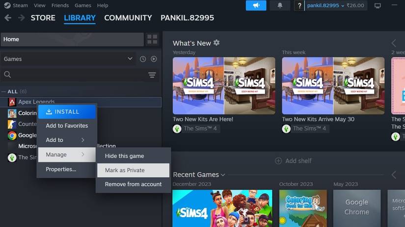Отметить игру в Steam как приватную