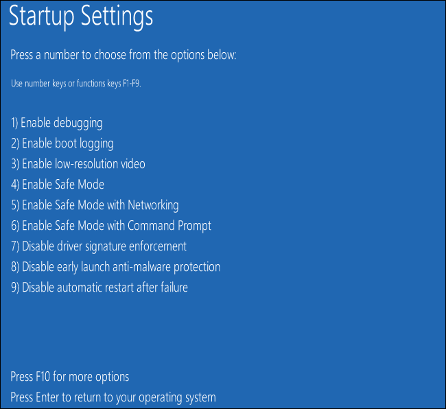 The Startup Settings options available on Windows 10.