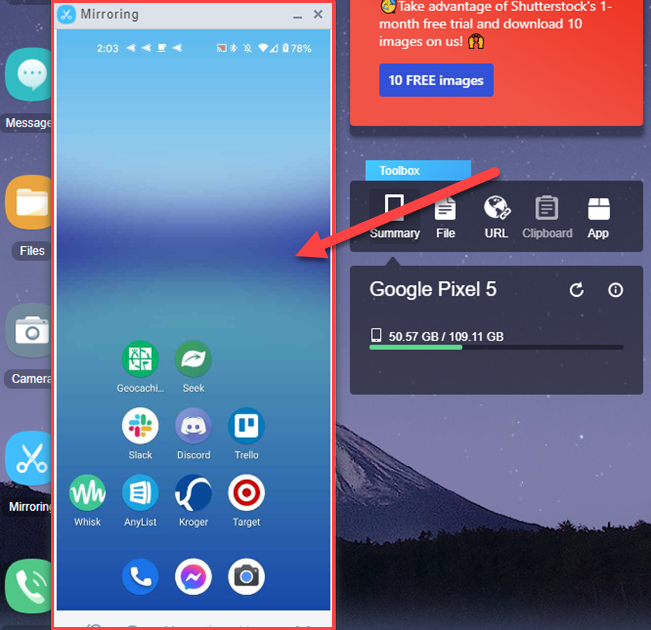 Окно зеркалирования AirDroid Web — отображение экрана телефона на ПК