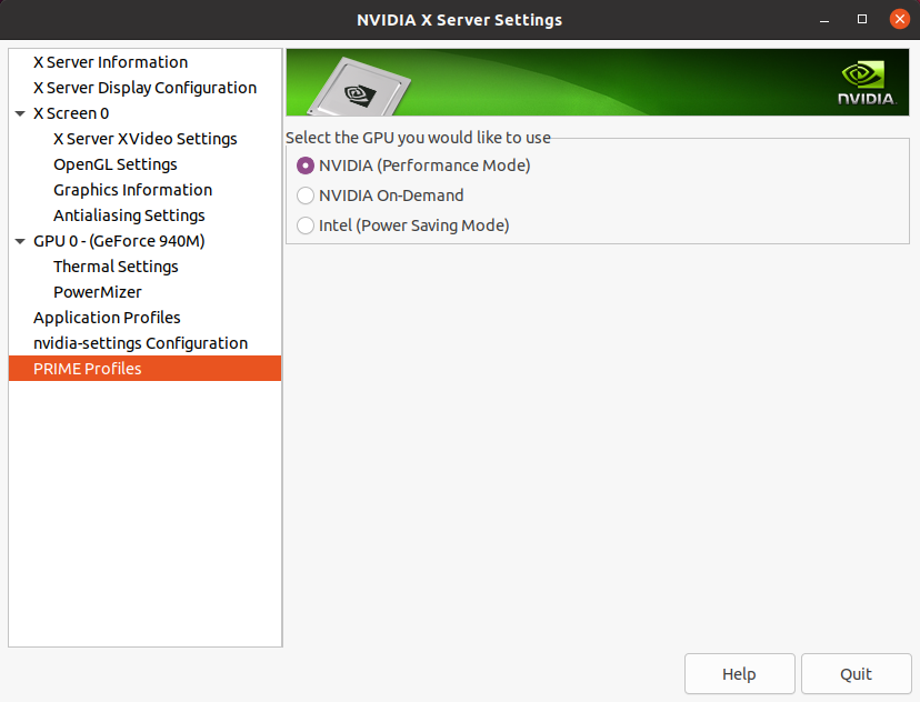 Экран PowerMizer с профилями энергопотребления GPU