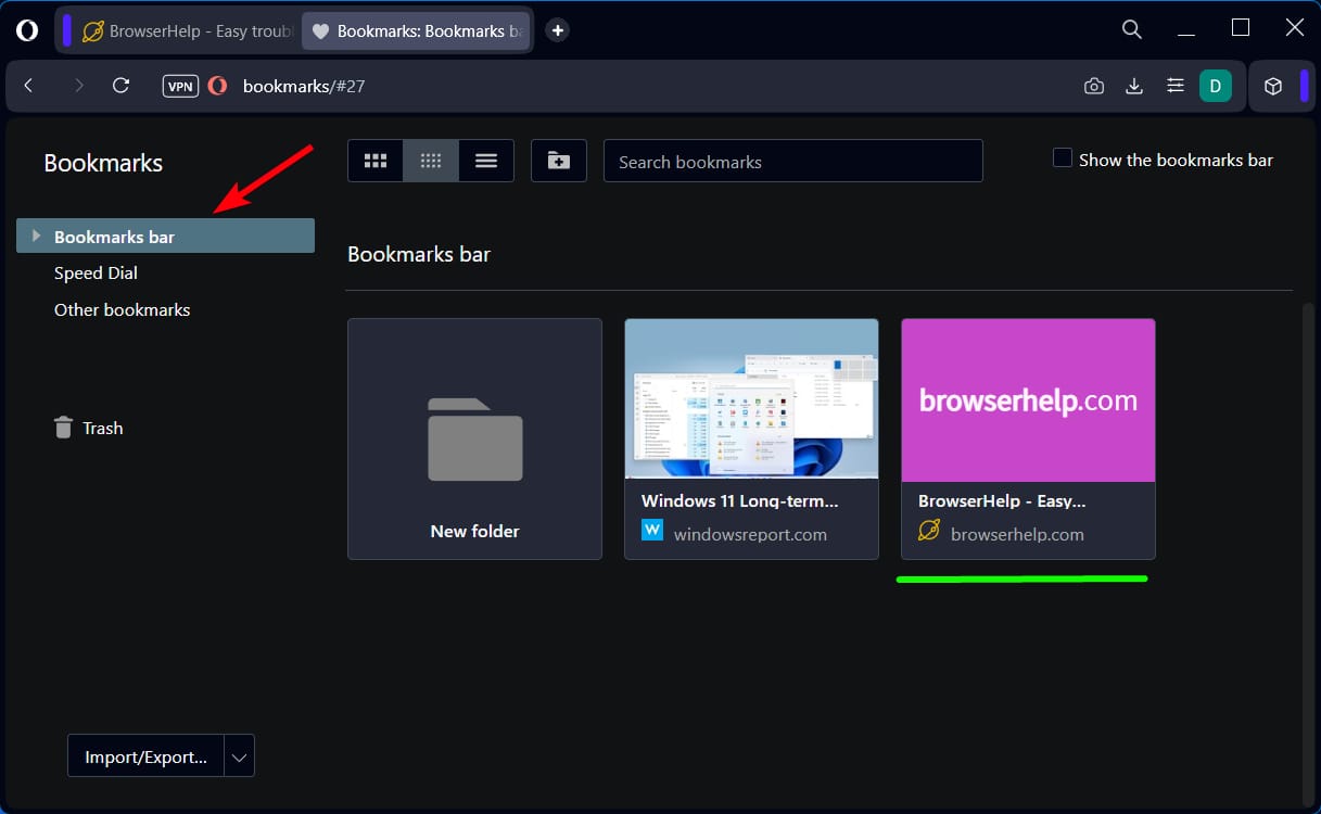 Панель менеджера закладок с разделами